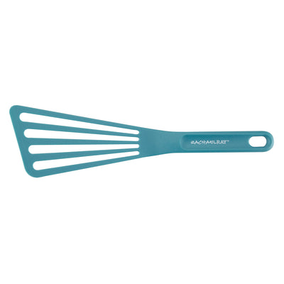 A blue slotted spatula with a branded handle.