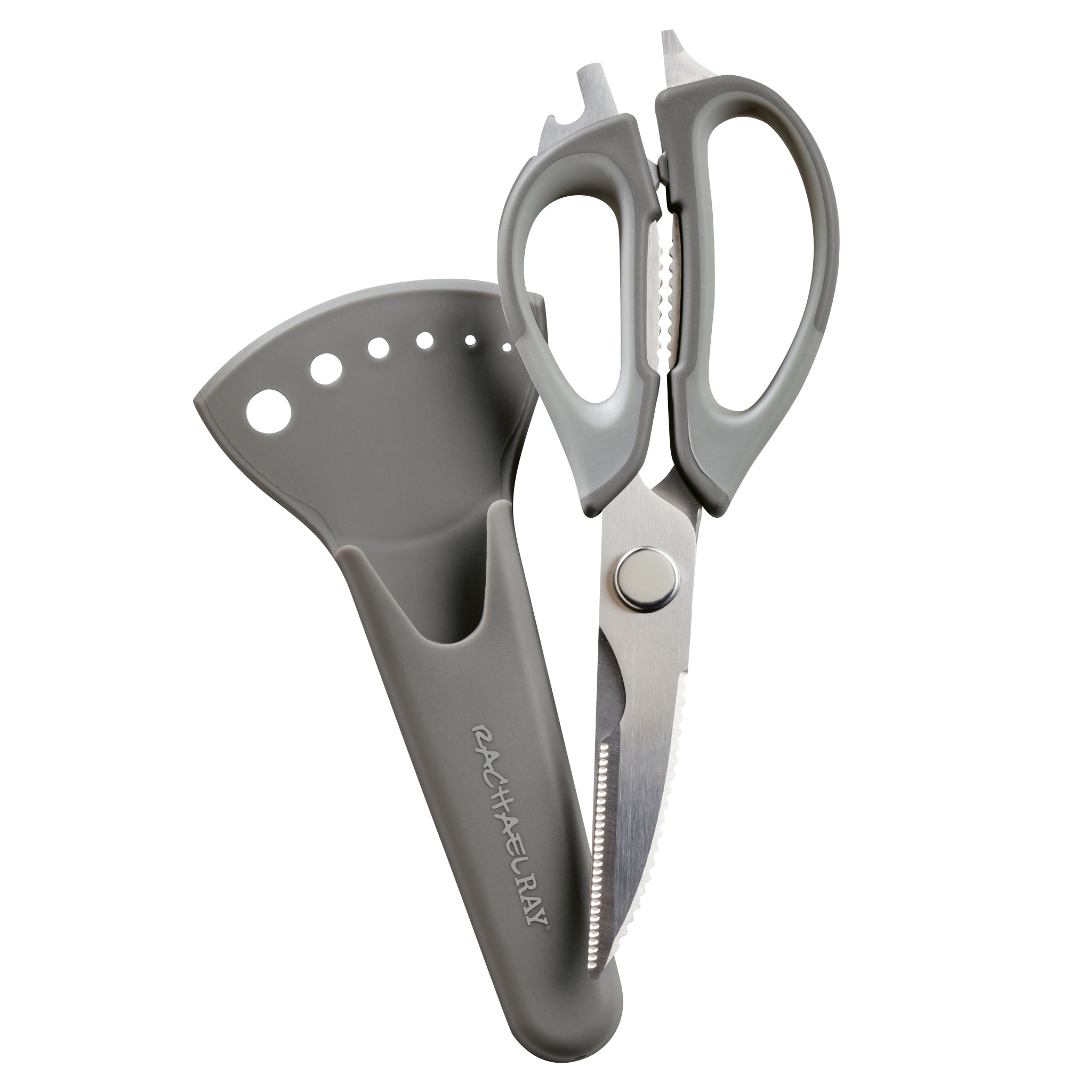 Gray kitchen scissors with a protective sheath.