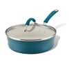 Ceramic Nonstick Saute Pan with glass lid and teal handle on white background.