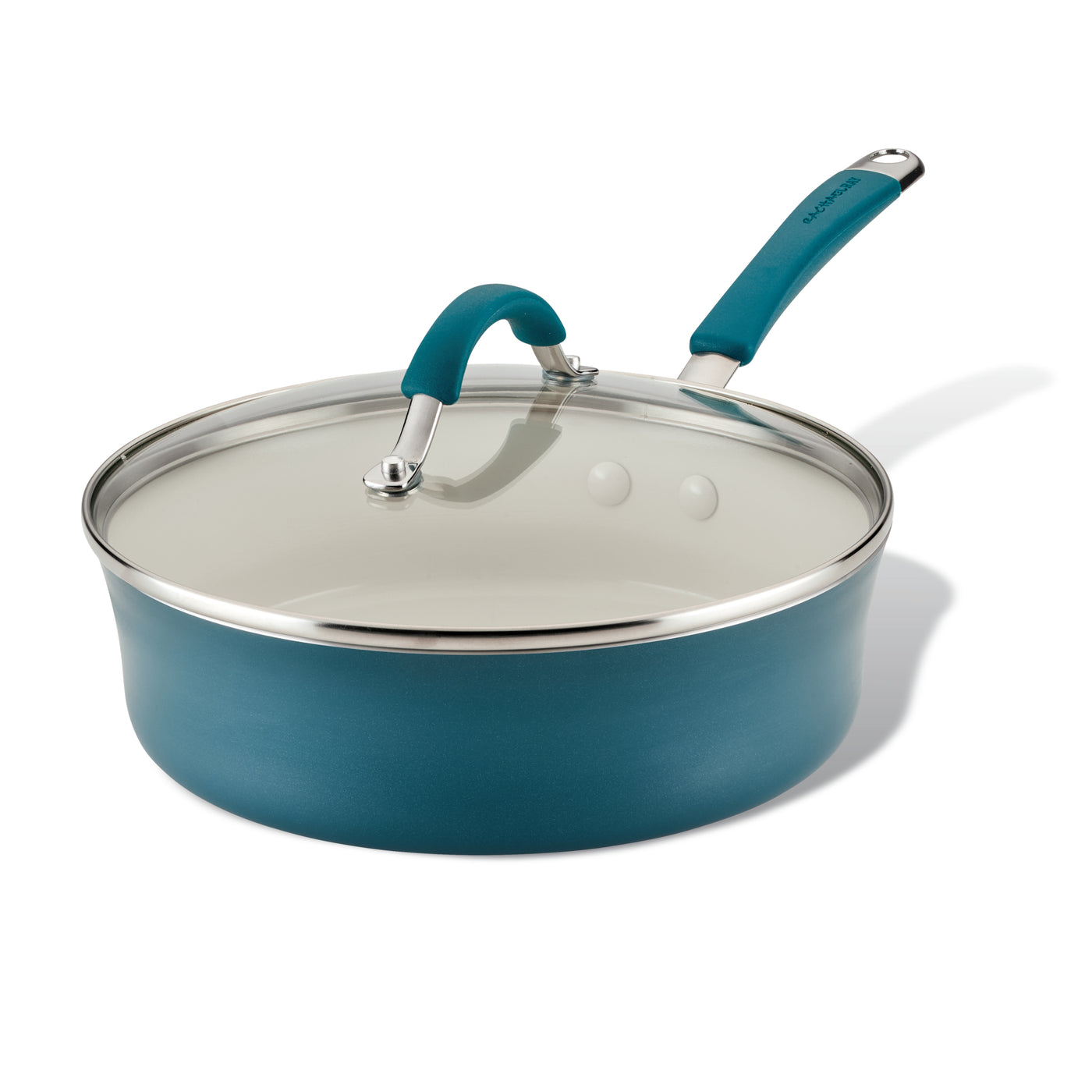 Ceramic Nonstick Saute Pan with glass lid and teal handle on white background.