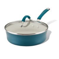 Ceramic Nonstick Saute Pan with glass lid and teal handle on white background.