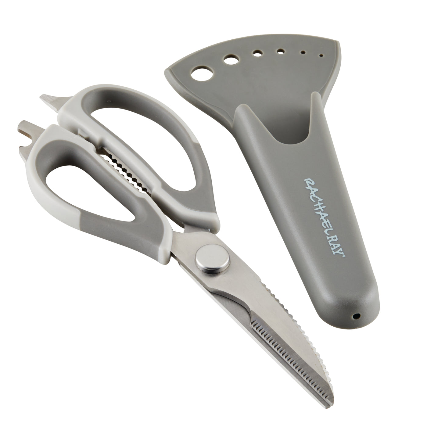 Kitchen shears with a gray sheath on a white background.