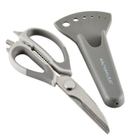 Kitchen shears with a gray sheath on a white background.