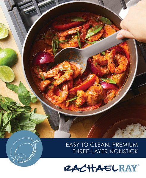 Using the 3-Quart Cook + Create Nonstick Sauté Pan with Lid, a person expertly stirs shrimp and vegetables on the stove, highlighting its nonstick cooking surface.