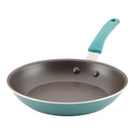 A non-stick frying pan with a teal handle on a white background.