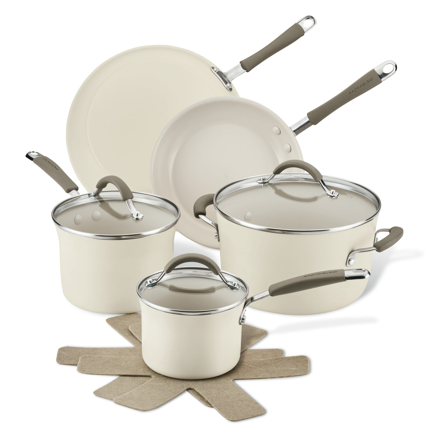 10-Piece Ceramic Nonstick Cookware Set with gray handles and felt protectors.