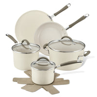 10-Piece Ceramic Nonstick Cookware Set with gray handles and felt protectors.