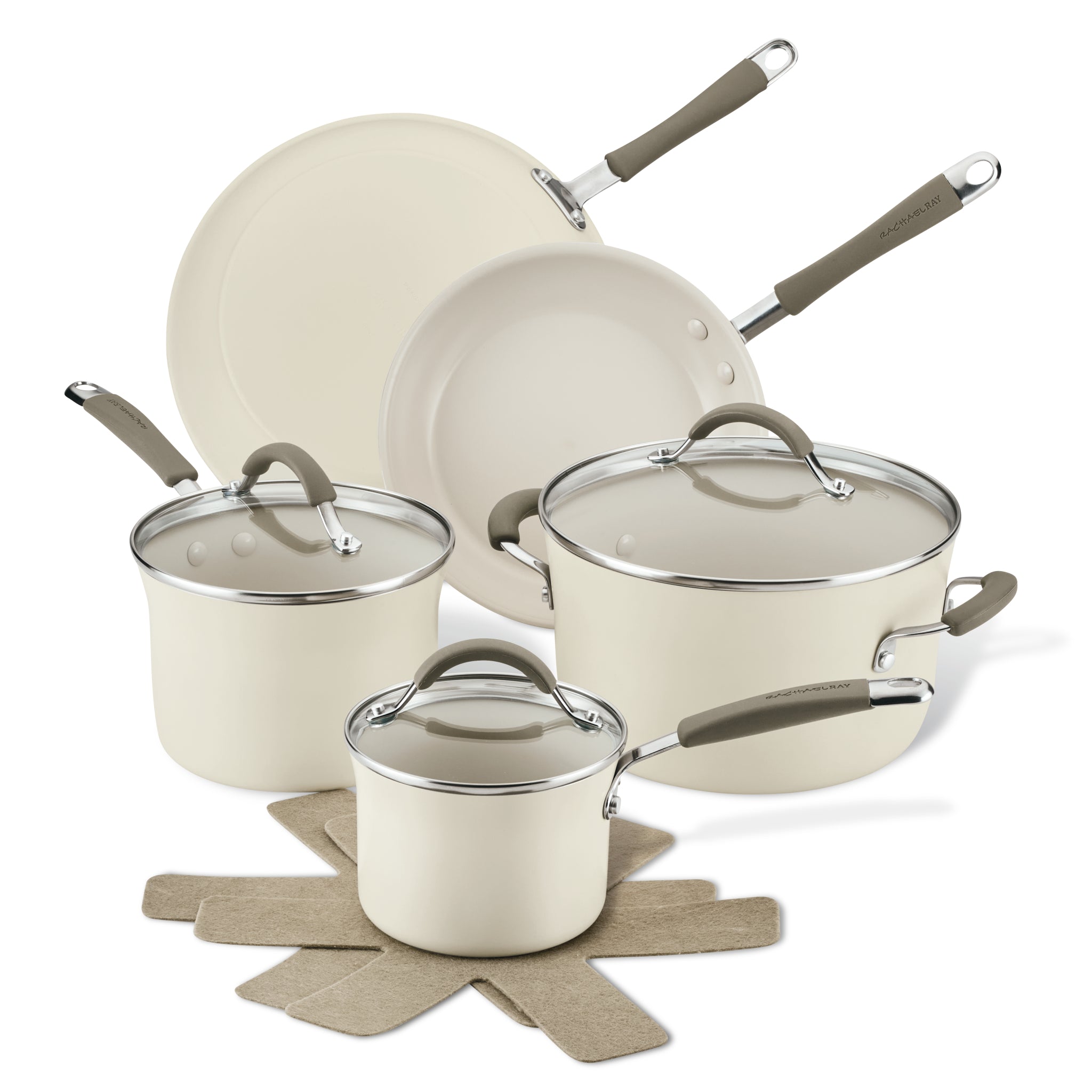 10-Piece Ceramic Nonstick Cookware Set with gray handles and felt protectors.