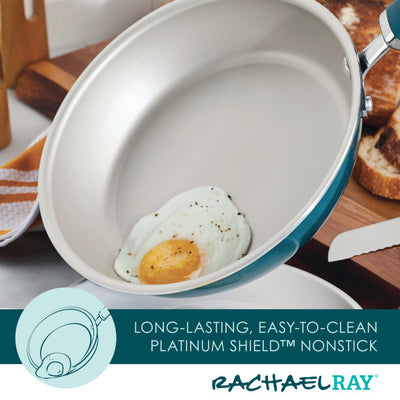 Frying pan with an egg, featuring nonstick surface and promotional text.