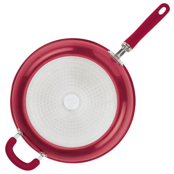 Top view of Nonstick Induction Deep Frying Pan with white interior and silicone handles.