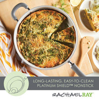 Vegetable frittata in a Nonstick Induction Deep Frying Pan, slice served on plate.