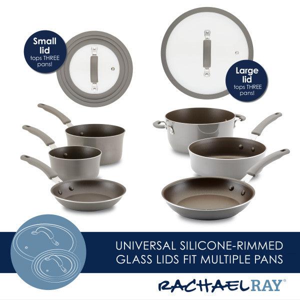 Cook + Create Nonstick Cookware Sets featuring gray, scratch-resistant pots and pans with universal silicone-rimmed glass lids, ideal for effortless nonstick cooking.