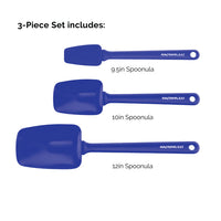 A set of three blue spoonulas in varying sizes: 9.5in, 10in, and 12in.