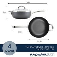 The 4-Quart Professional Hard Anodized Nonstick Saucier with Lid is a versatile cooking tool that features hard-anodized construction and a nonstick surface. It is oven safe and dishwasher safe, making it convenient for both use and cleanup. Dimensions are included for reference.