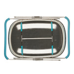 Rectangular metal strainer with blue handles viewed from above.