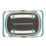 Rectangular metal strainer with blue handles viewed from above.