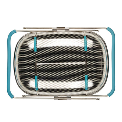 Rectangular metal strainer with blue handles viewed from above.