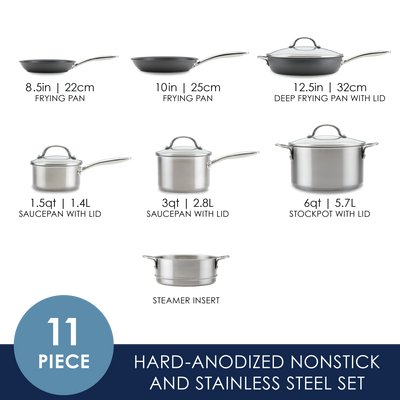 11- Piece Professional Hard-Anodized Nonstick and Induction Stainless Steel Cookware Set