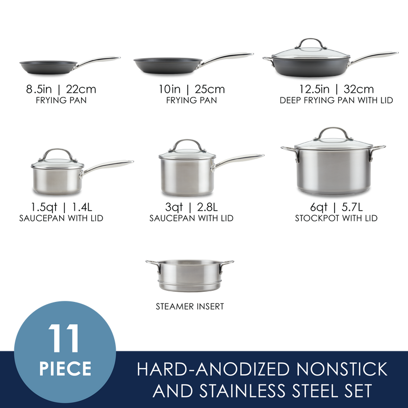11- Piece Professional Hard-Anodized Nonstick and Induction Stainless Steel Cookware Set