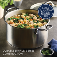A 6-quart stainless steel induction stockpot with lid, filled with soup and vegetables, meeting pro-grade standards, with text overlay on top.