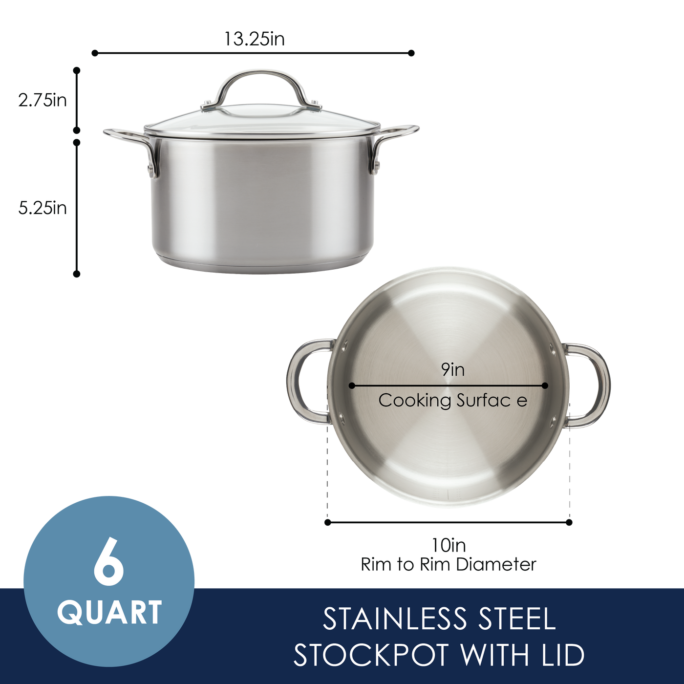 The 6-Quart Stainless Steel Induction Stockpot with Lid meets professional standards with its stainless steel construction, featuring a lid and measurement details for added convenience.