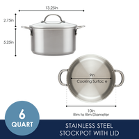 The 6-Quart Stainless Steel Induction Stockpot with Lid meets professional standards with its stainless steel construction, featuring a lid and measurement details for added convenience.