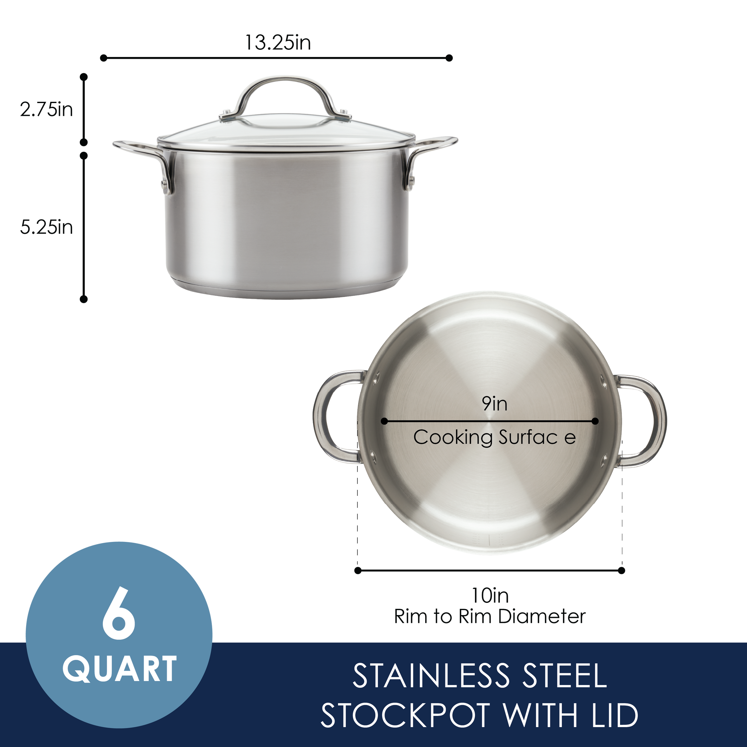 The 6-Quart Stainless Steel Induction Stockpot with Lid meets professional standards with its stainless steel construction, featuring a lid and measurement details for added convenience.