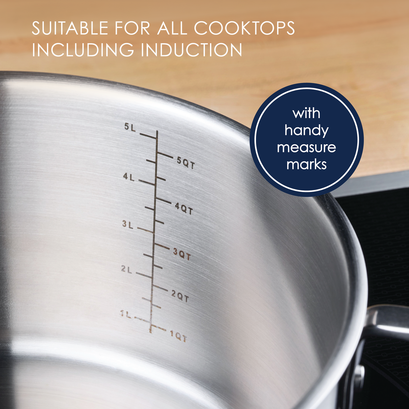 Close-up of the 6-Quart Stainless Steel Induction Stockpot featuring volume markings and induction cooktop text, crafted to meet Rachael Ray Professional pro-grade standards.