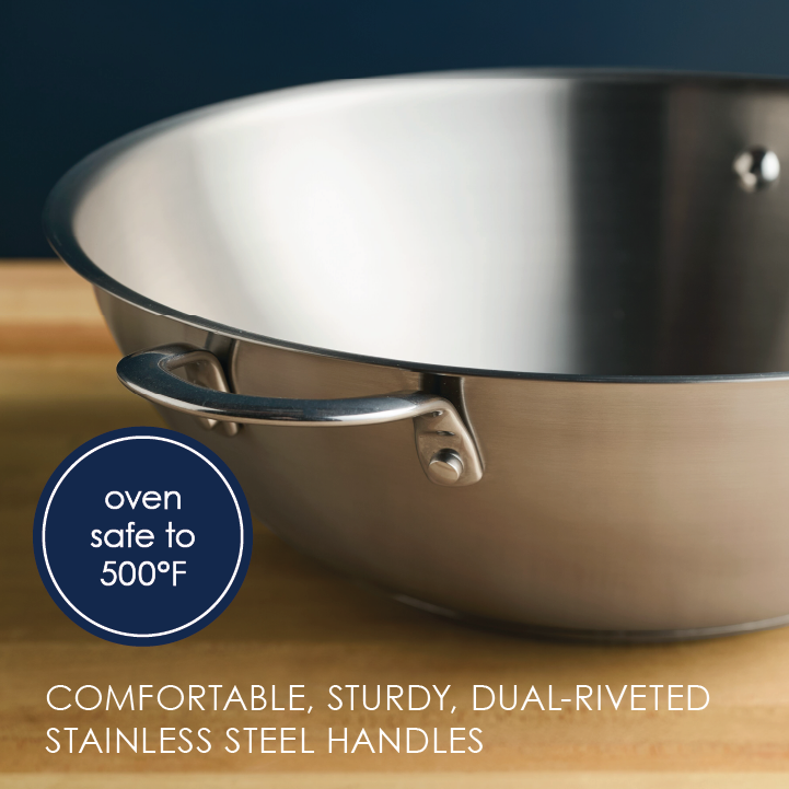 Rachael Ray 14-Inch Stainless Steel Wok, dual-riveted, oven safe to 500°F.