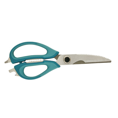 Kitchen scissors with teal and gray handles on a white background.