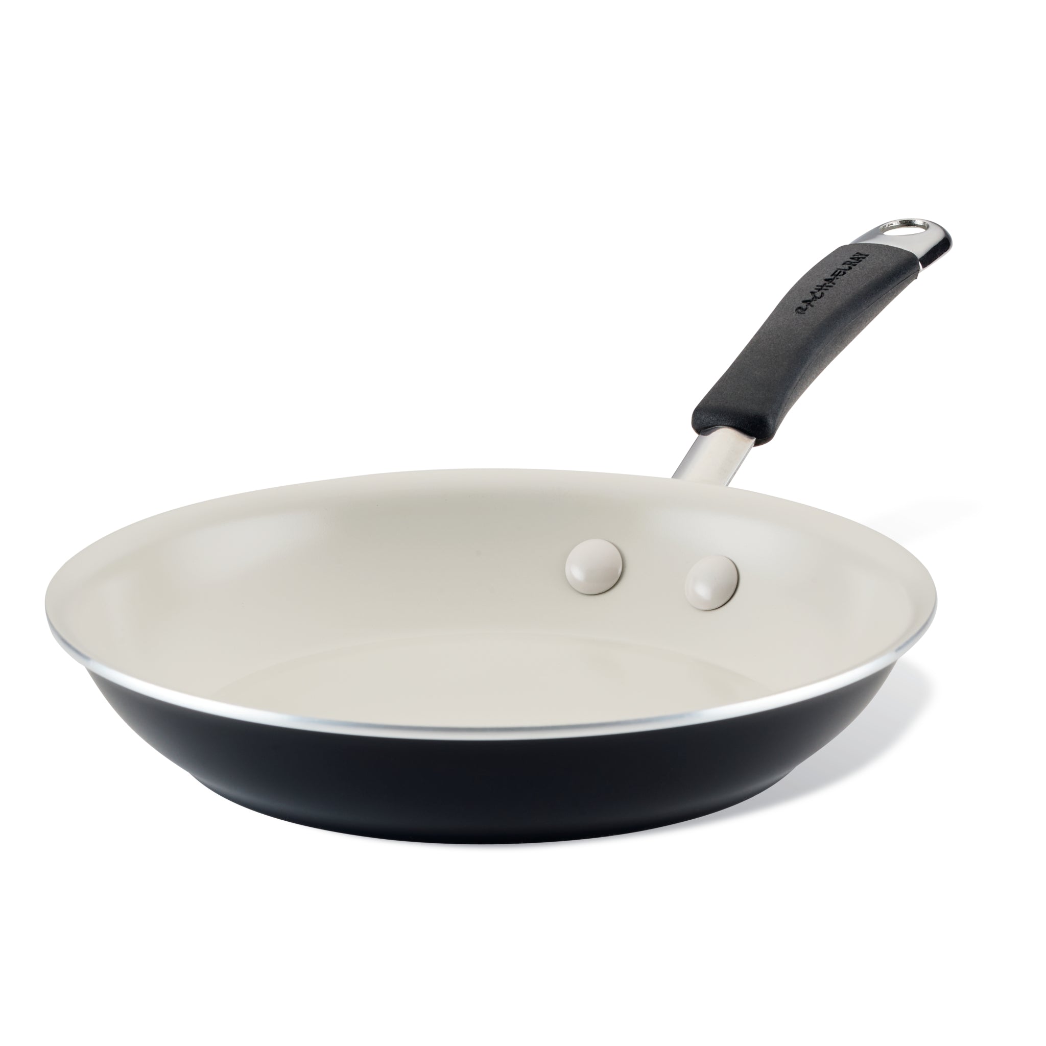 The Cucina Ceramic Nonstick Frying Pan boasts a premium nonstick ceramic surface, complete with a sleek black handle and a pristine white interior, making it ideal for vibrant cooking.