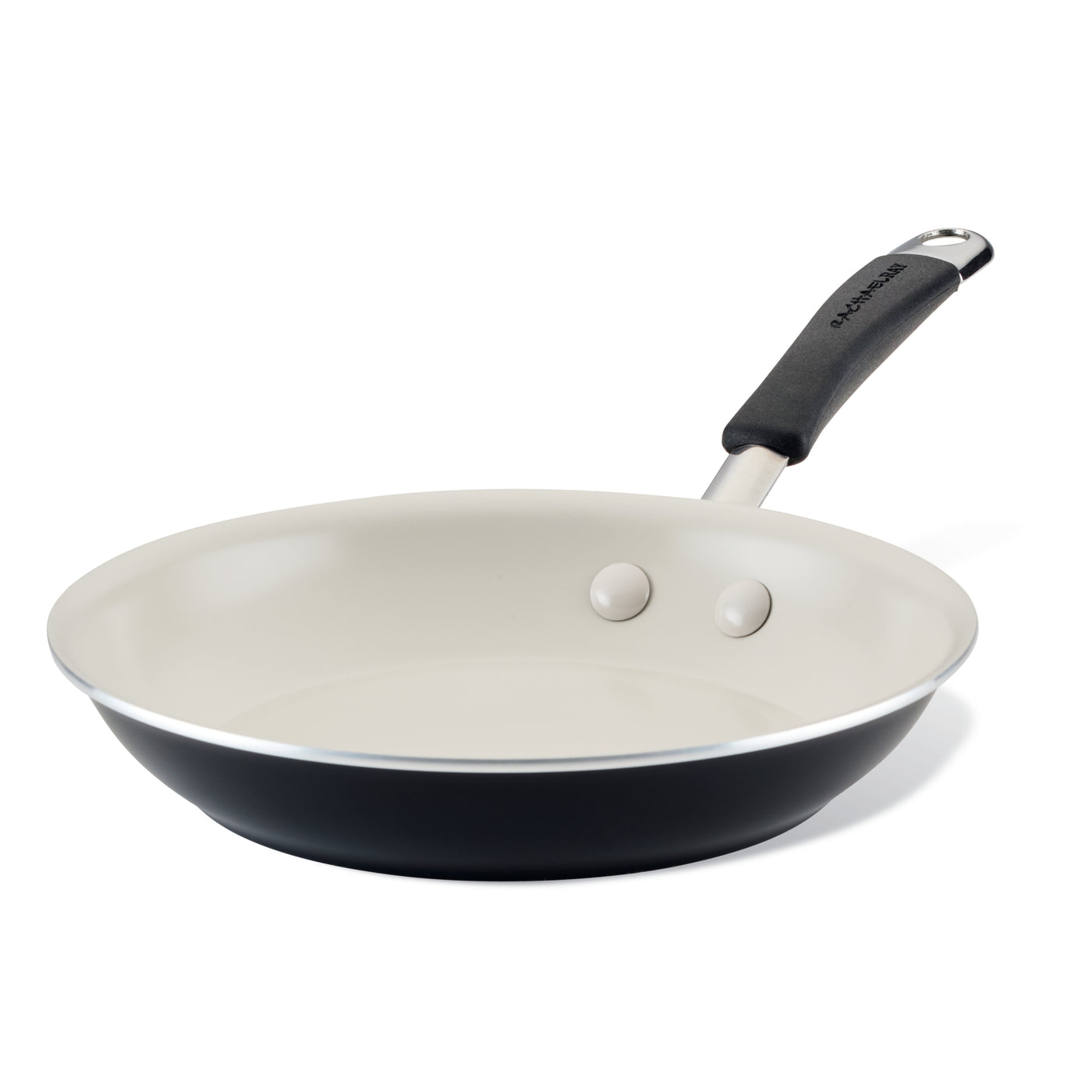 Ceramic Nonstick Frying Pan in black and white with black handle on white background.