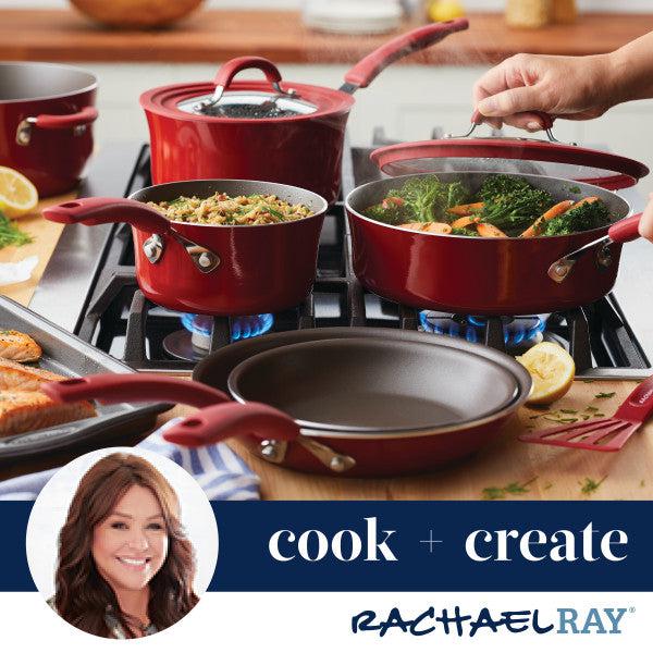 On the stovetop, the vibrant red Cook + Create Nonstick Cookware Sets are busy with dishes in progress. Experience the convenience of nonstick, scratch-resistant cookware that ensures easy cooking and cleaning. Additionally, these sets are oven safe for versatile culinary adventures.
