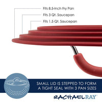 The Cook + Create Nonstick Cookware Sets feature a red lid with a stepped design to fit three different pan sizes: 8.5", 3 Qt, and 1.5 Qt. This accessory is scratch-resistant and oven safe, providing versatility and durability for all your cooking needs.