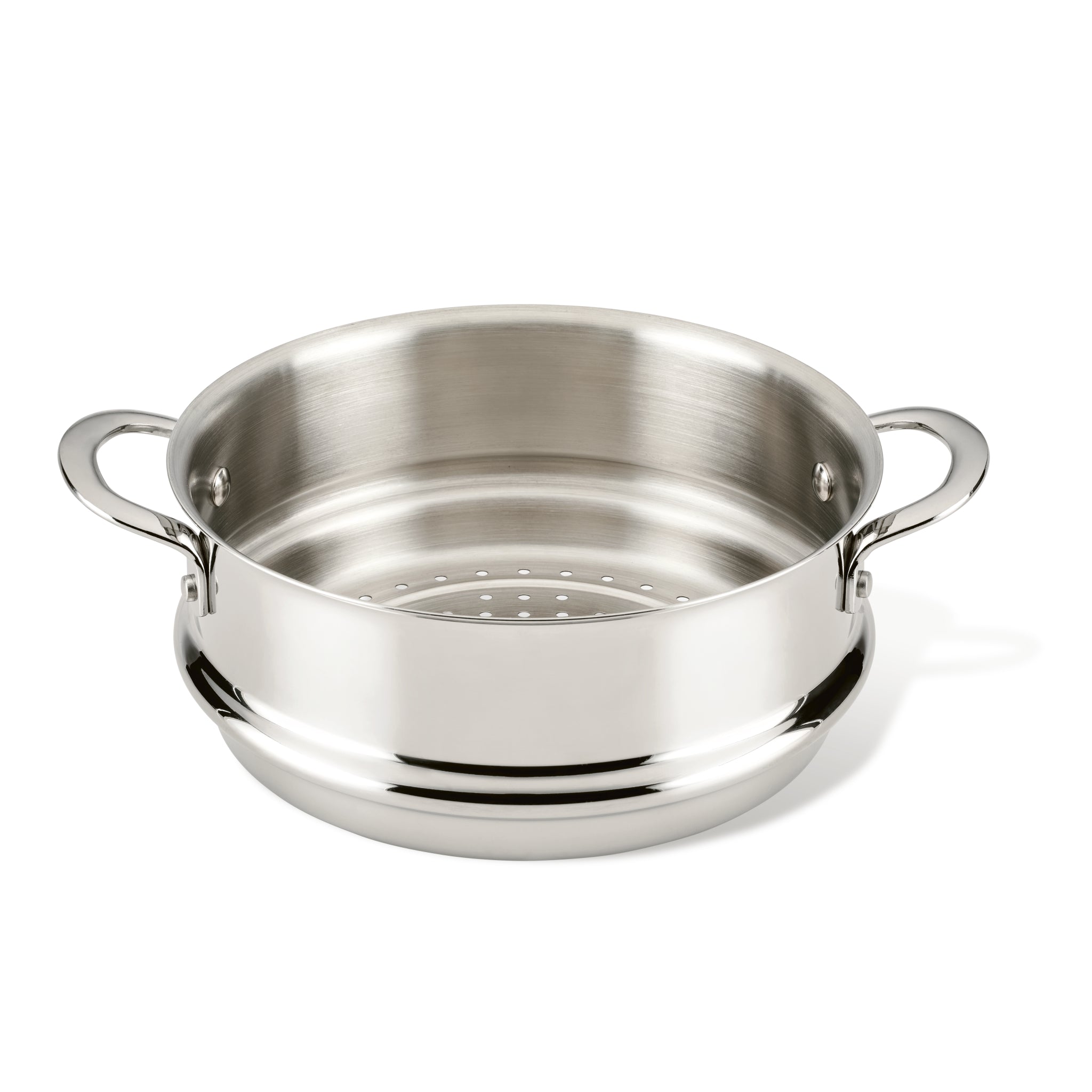 The 10-Inch Stainless Steel Steamer Insert, with a perforated base and two sturdy handles, can be used as a cooking pot and is dishwasher safe for easy cleaning.