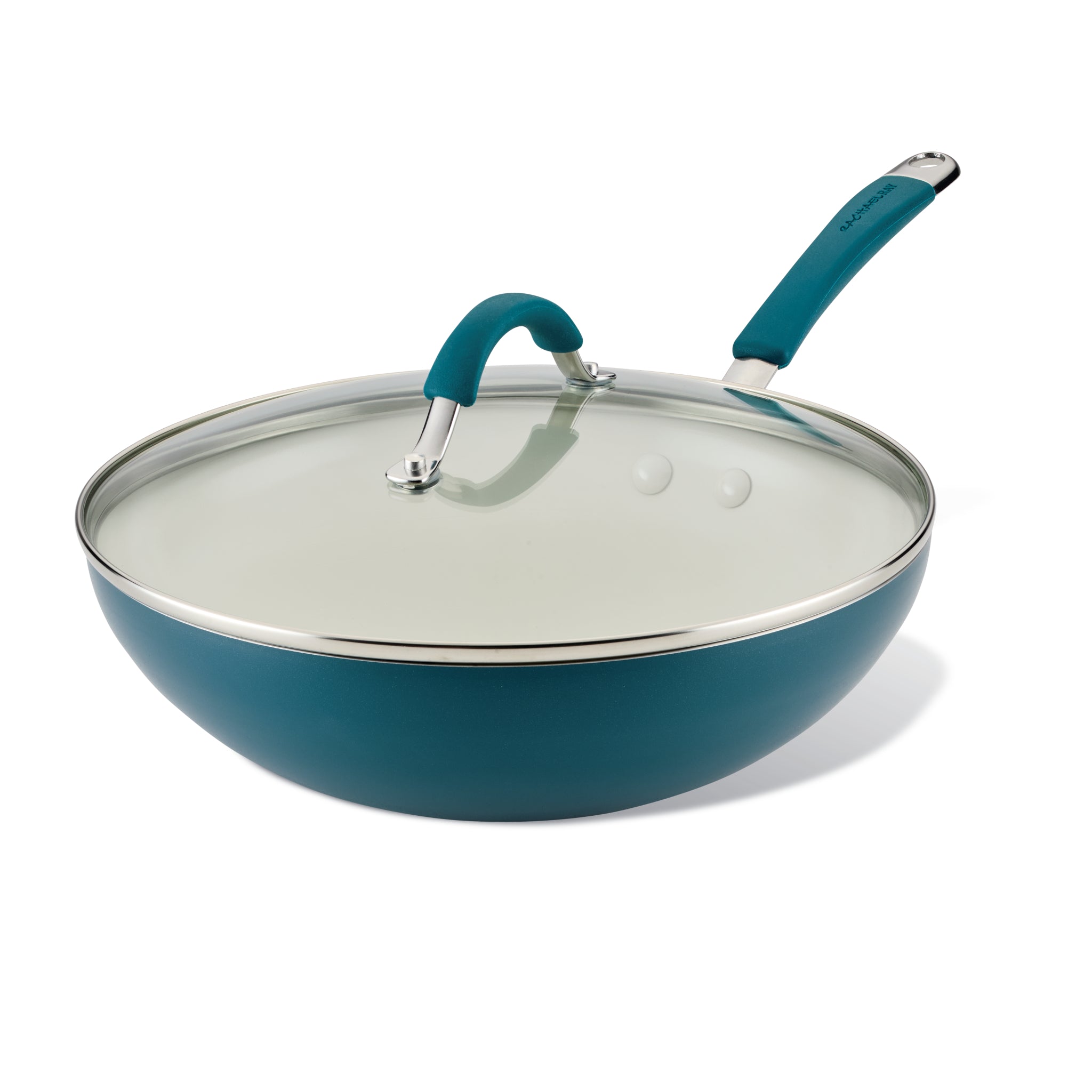 Teal Ceramic Nonstick Stir Fry Pan with glass lid and two handles on white.