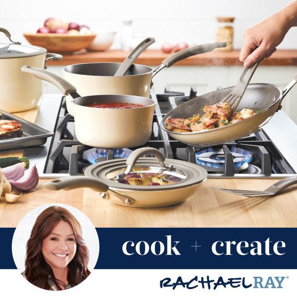 A Cook + Create Nonstick Cookware Set on the stove with food; text overlay reads "cook + create." Experience the convenience of nonstick cookware while crafting your culinary masterpieces.
