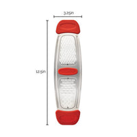 Long silver kitchen grater with red handles, dimensions marked.