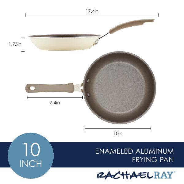 10-inch Cook + Create Nonstick Frying Pan made from thicker gauge enameled aluminum, featuring a sturdy handle, shown from side and top.