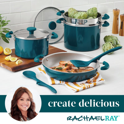 Cookware set with artichokes and cooked chicken, featuring teal color accents.