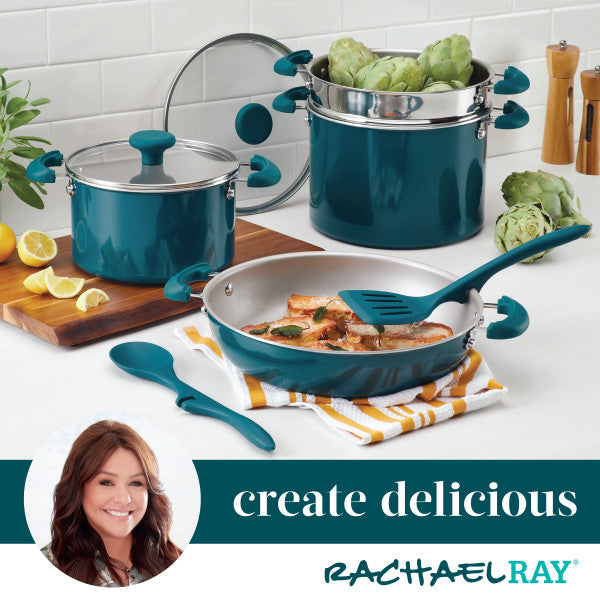 Teal 8-Piece Stacking Nonstick Induction Cookware Set, promoted by Rachael Ray.