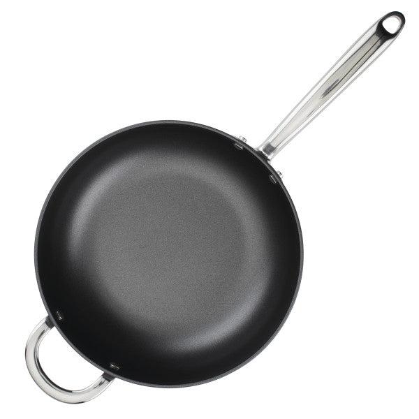 4-Quart Professional hard-anodized nonstick saucier with lid, long handle, side helper handle, and dishwasher-safe convenience.