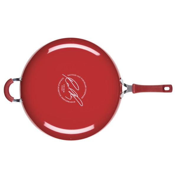 Cook + Create Nonstick Frying Pan made from high-performance, thicker gauge aluminum with a signature design and two handles, viewed from above.