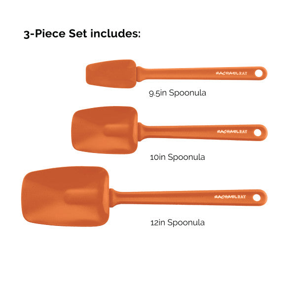 Photograph of the 3-Piece Spoonula Set in various sizes, ideal for nonstick cookware and made from sturdy nylon.