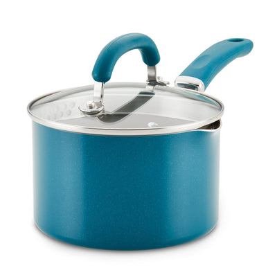 Blue saucepan with lid and a curved handle.