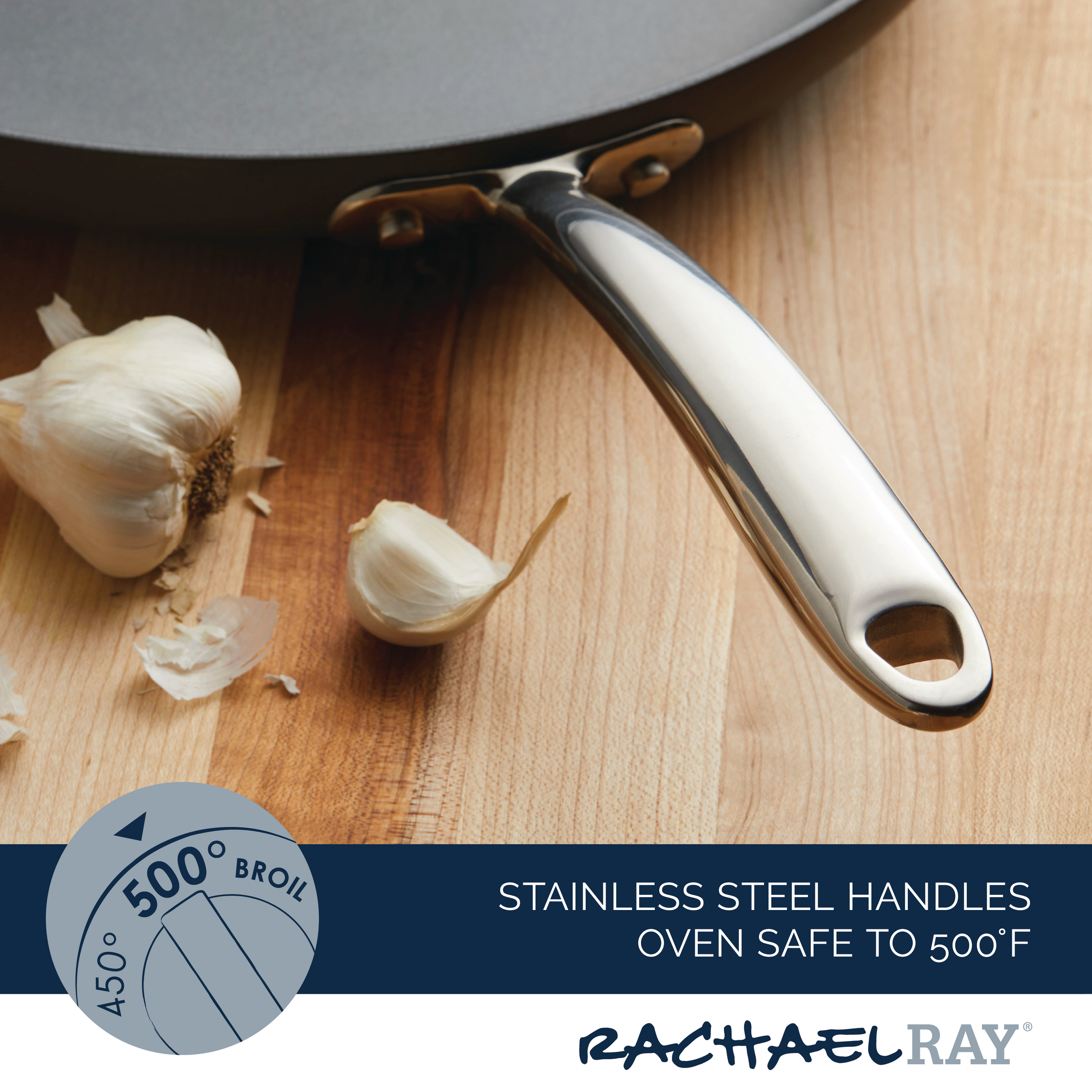 14" Hard Anodized Frying Pan handle next to garlic on a wooden surface.