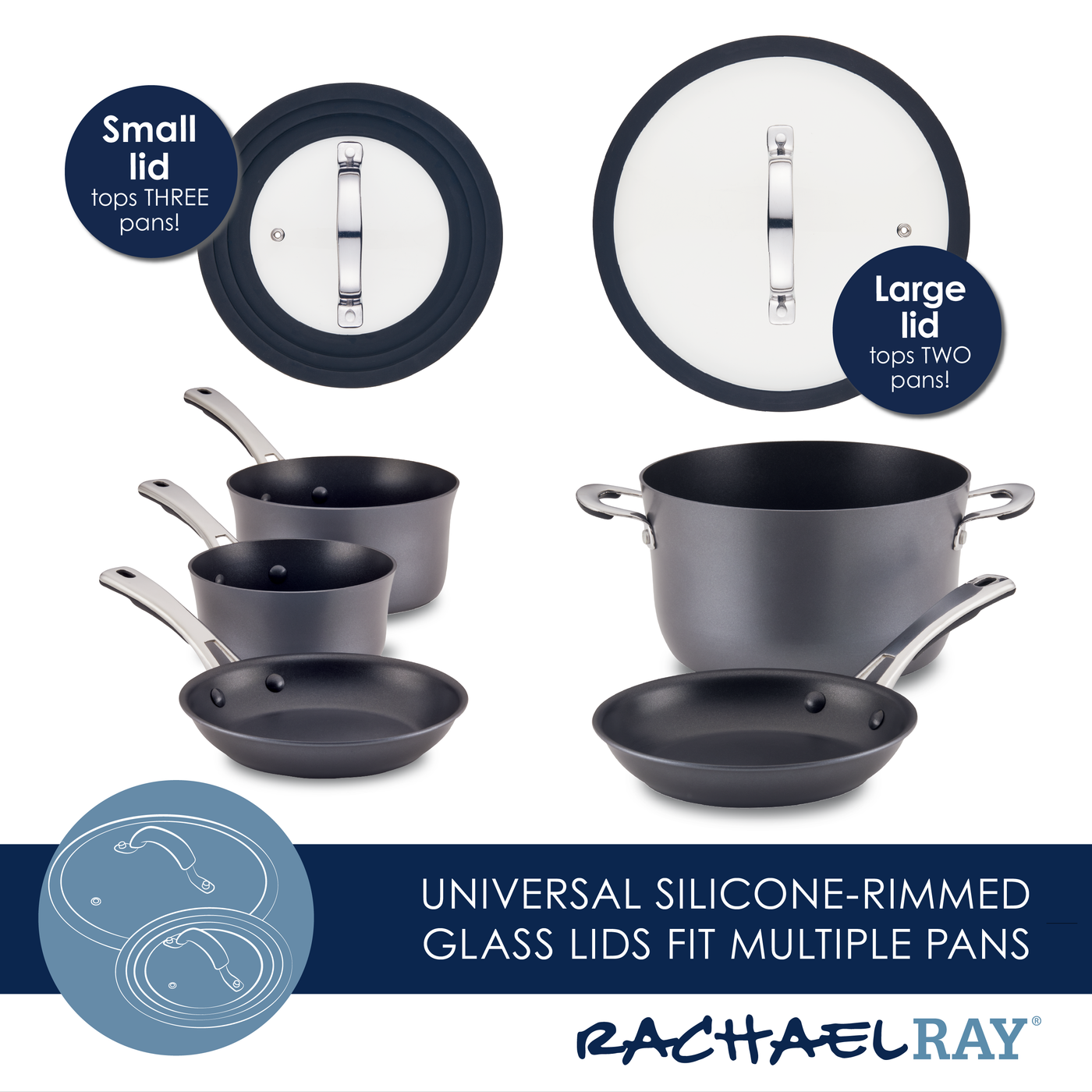 Kitchen cookware set with pots, pans, and silicone-rimmed glass lids.