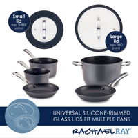 Kitchen cookware set with pots, pans, and silicone-rimmed glass lids.