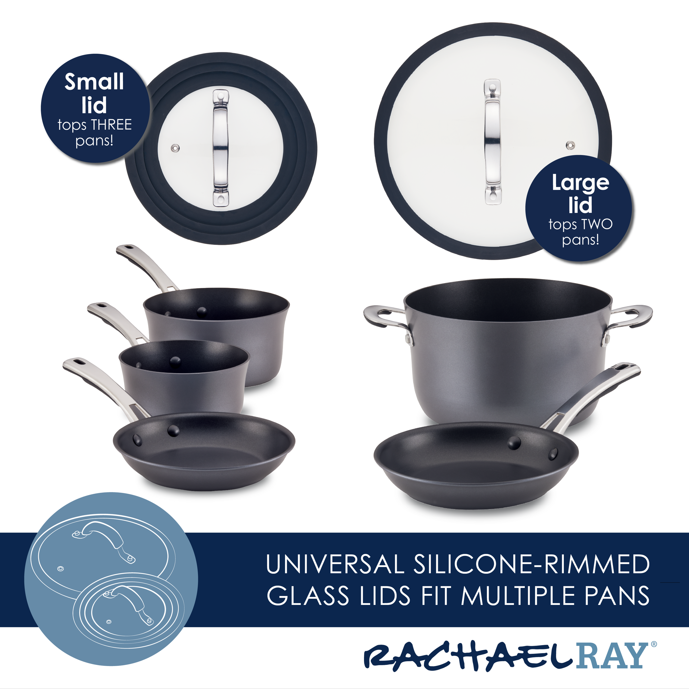 Kitchen cookware set with pots, pans, and silicone-rimmed glass lids.