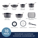 10-piece enameled aluminum nonstick cookware set with utensils shown.